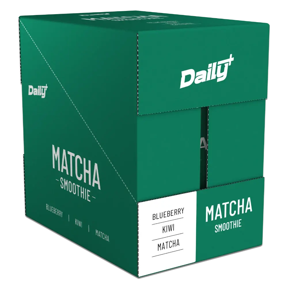 Green box of Daily Matcha Smoothie with branding and flavor details.