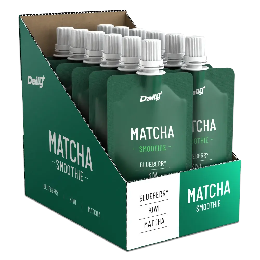 Display box of Daily+ Matcha Smoothie packaging with green and white design.