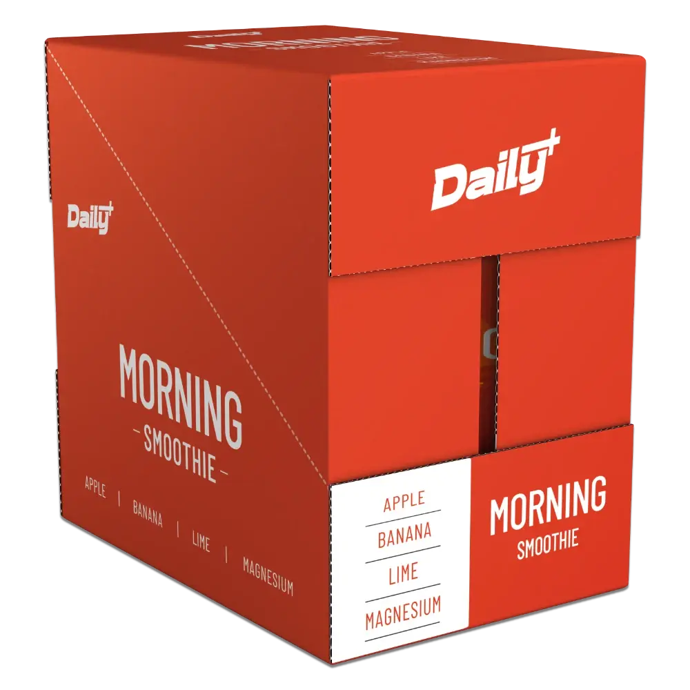 Red box of Daily Morning Smoothie with ingredients listed on a white background