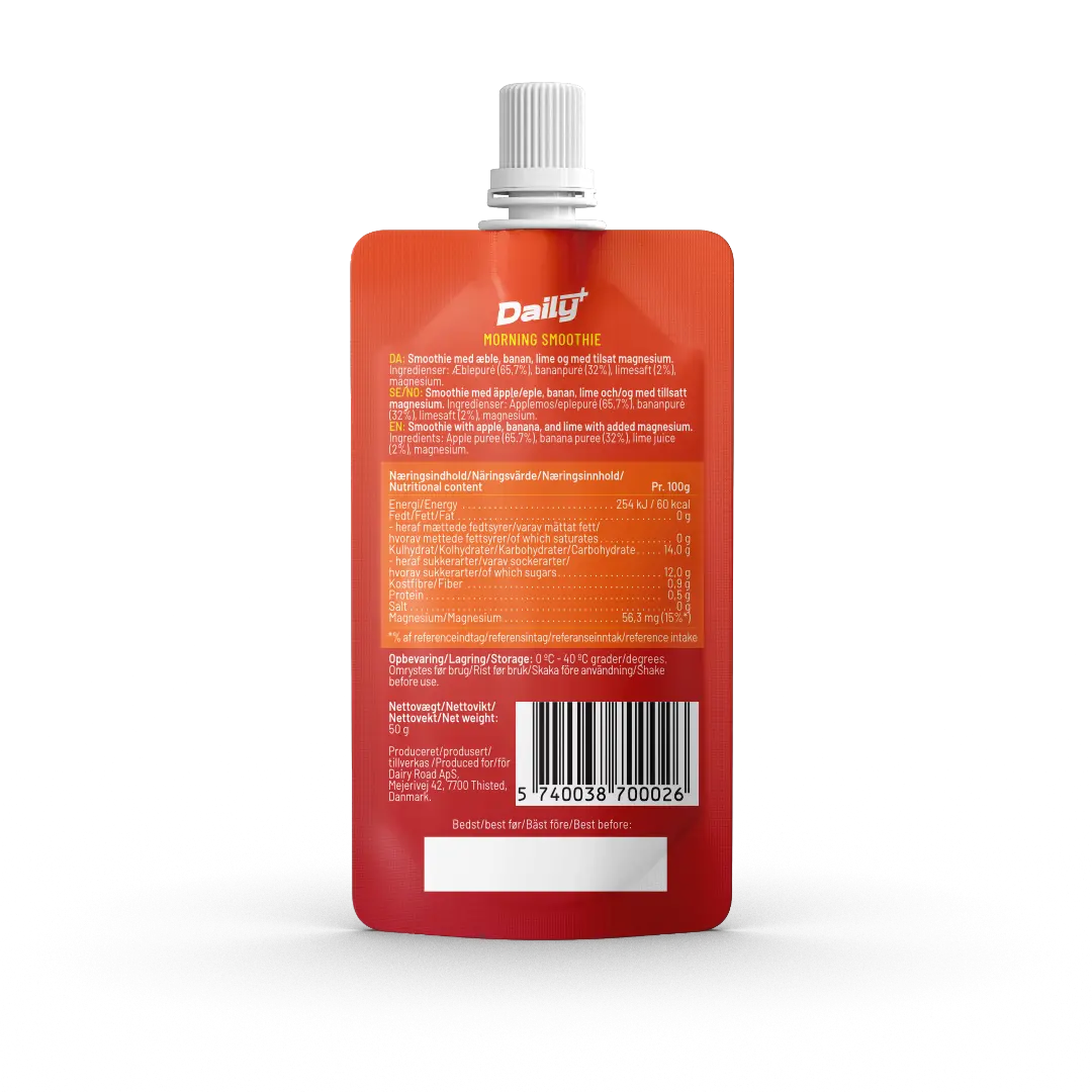 Red morning smoothie Daliy+ pouch with white cap on a white background