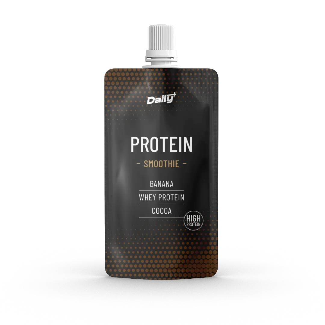 Protein smoothie pouch with 'Daily+' branding on a white background