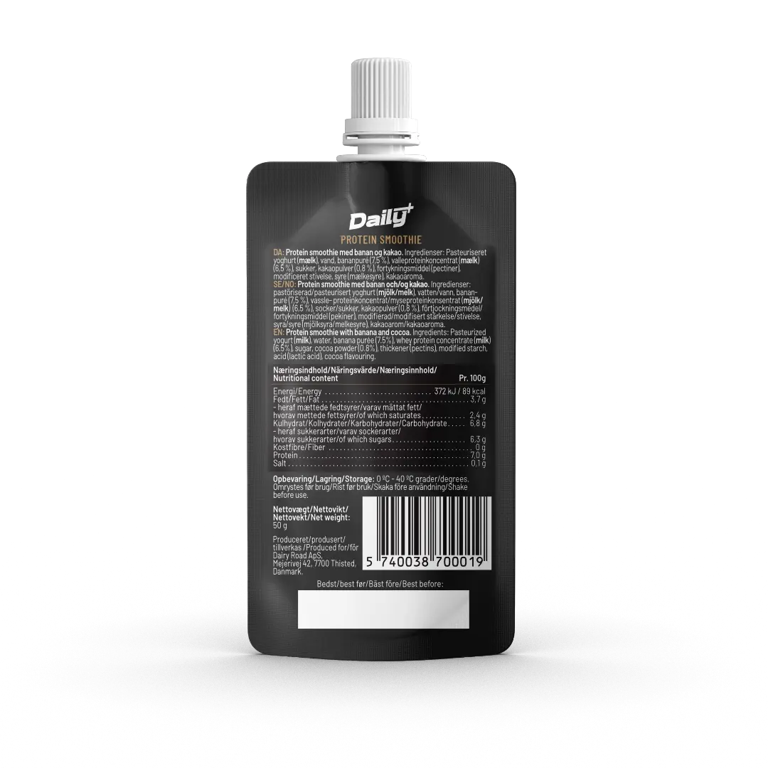 Black protein smoothie pack from daily+ with white cap on a white background