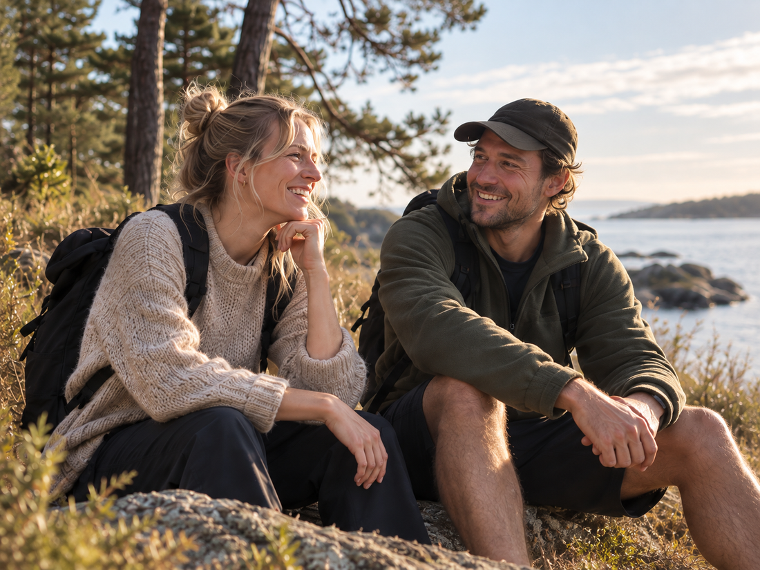 Venner holder en pause på en gåtur ved kysten